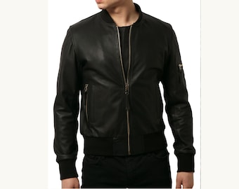 Custom Made Black Bomber Leather Jacket men in Lambskin Leather Size S M L XL 2XL 3XL