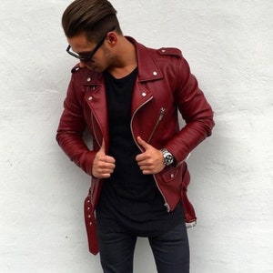 Blouson en cuir pour homme en cuir d'agneau véritable bordeaux sur mesure Blouson moto motard sur mesure
