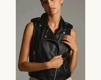 Zwart leren vest voor dames biker-motorfiets puur lamsleer, maat 2XL