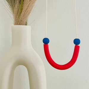Vibrant Red Polymer Clay Necklace with Deep Blue Beads,Colorful Geometric U-Shaped Necklace,Greek Geometric Curve Necklace,Everyday Necklace