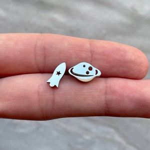 Stainless Steel Planet & Rocket Stud Earrings: Space Lover Gift