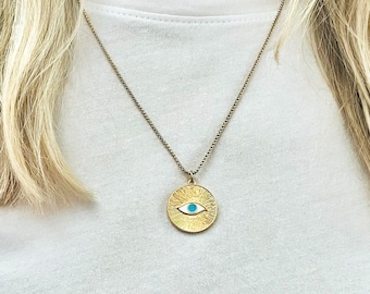 Griechische Goldene Evil Eye Münze Halskette für Mitarbeiter Geschenk mit Box Kette Runde Auge des Glücks Anhänger für Danke Schmuck Ästhetisches Geschenk