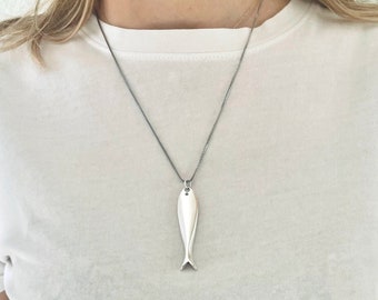Greek Nautical Steel Fish Charm Necklace for Ethnic Looks, Sardine Sea Life Artisan Crafted Unique Pendant with Symbol of Prosperity