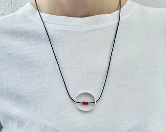 Silver Hoop Pendant Necklace: Red Beads, Greek Design