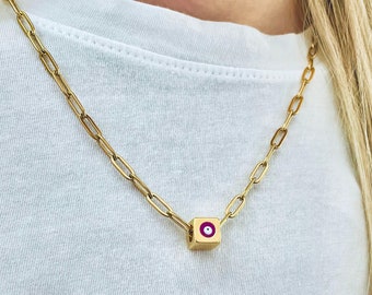 Greek Goddess Paperclip Necklace with Evil Eye Charm and Lobster Clasp, Golden Industrial Flat Choker with Red Evil Eye, Paperclip Jewelry