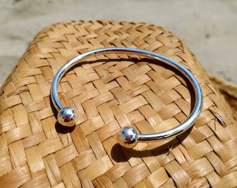 Greek Sterling Silver Cuff Bracelet for Women with Sphere Ending, Simplistic Stacking Bracelet, Summer Elegant Silver Cuff Bracelet Ball