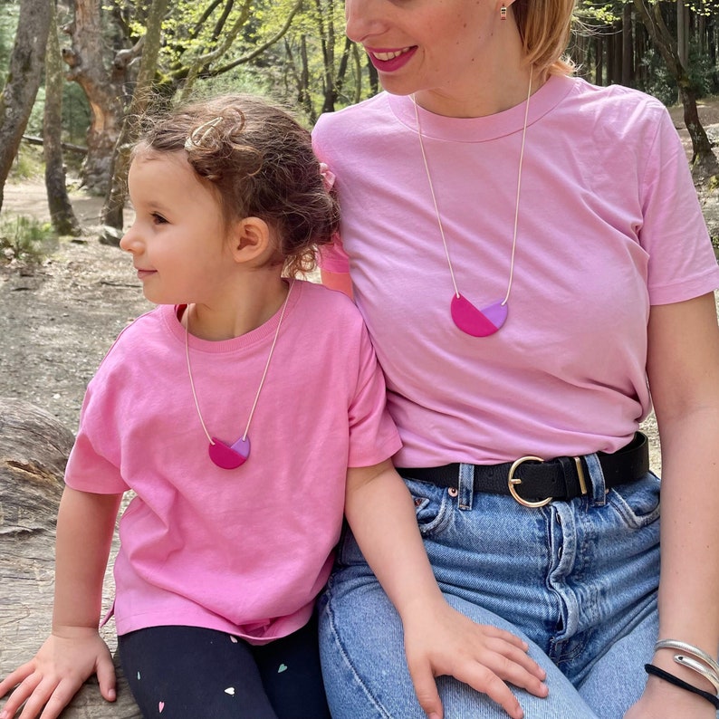 Mother and Daughter wearing Violet and Lilac Polymer Clay Necklaces