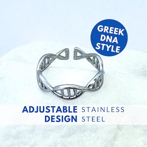 May include: A silver-colored adjustable ring featuring a double helix DNA structure. The band is made of stainless steel. A blue circular graphic in the upper right corner contains the text GREEK DNA STYLE. Below the ring, the text reads ADJUSTABLE DESIGN STAINLESS STEEL.