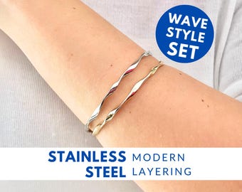 Cuff Bracelet Set Wave Layered Design Twisted Stainless Steel Band Stackable Thin Dainty Adjustable Sleek Modern Simple Armband Jewelry