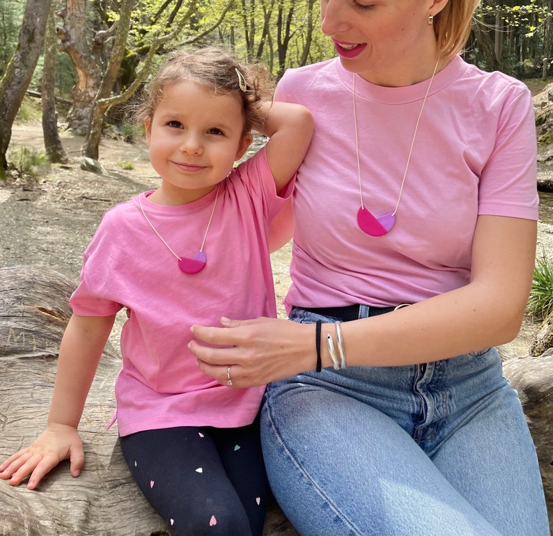 Mother and Daughter wearing Violet and Lilac Polymer Clay Necklaces