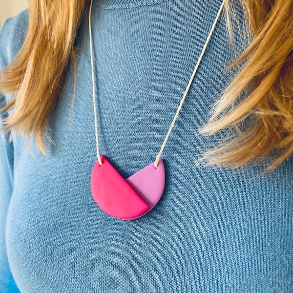 Violet and Lilac Polymer Clay Necklace, Colorful Geometric Shaped Necklace, Greek Semicircular Necklace, Girly Polymer Necklace,Unusual Gift
