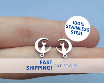 Pendientes de gato y luna, de acero inoxidable, ideales como regalo para amantes de los gatos. Joyería celestial, diseño minimalista e hipoalergénico.