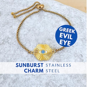 Gold Sunburst Greek Evil Eye Bracelet Adjustable Sliding Chain Boho Festival Jewelry Protection Charm Spiritual Minimalist Everyday Wear