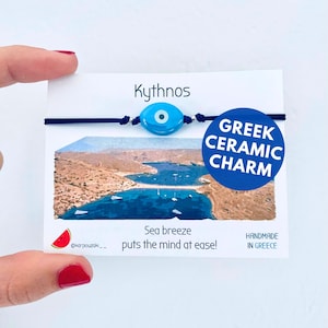 Pulsera de mal de ojo ajustable, joyería de protección, pulsera de isla griega, amuleto de cerámica azul, pulsera de hilo azul marino, talismán, recuerdo griego