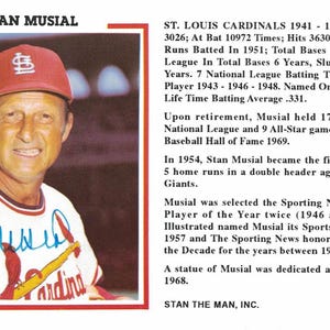 Carte postale Stat 4 x 6 St Louis Cardinals, dédicacée/signée Stan Musial BAS