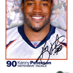 Kenny Peterson assinou Denver Broncos 8,5x6,5 Quest Ad Card Beckett 45094