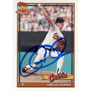 Gregg Olson Autografado/Assinado 1991 Topps 40 anos 10 Cartão de troca Beckett 48405