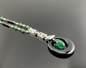 3.70 Carat Emerald, Onyx and Diamond Pendant Necklace