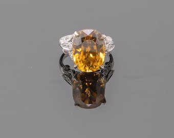 Certified 20.38 Carat Natural Yellow Zircon Cocktail Ring with Diamonds set in 18K White Gold