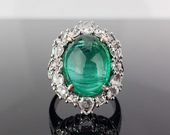 9.98 Carat Emerald Cabochon and Diamond Cocktail Engagement Ring
