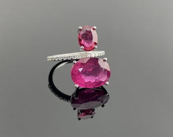 Elegant 18K White Gold Certified Rubellite and Ruby Diamond Double-Stone Ring