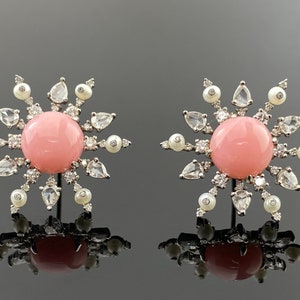 Zertifizierte Pink Opal Ohrstecker mit Perlen und Diamanten