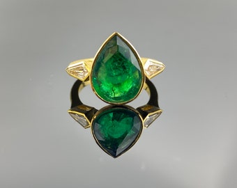 Certified 4.68 Carat Pear Shape Emerald and Diamond Three Stone Ring