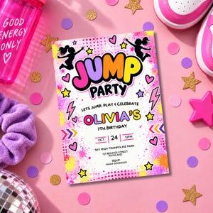 May include: A rectangular party invitation card featuring the text JUMP PARTY, LETS JUMP, PLAY & CELEBRATE, OLIVIA'S 7TH BIRTHDAY, OCT 24 12PM, SKY HIGH TRAMPOLINE PARK, 123 BOUNCE STREET AUCKLAND, and RSVP SARAH 0293840293 with colourful graphics.