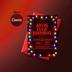 May include: A birthday invitation with the text "ANVIS 13TH BIRTHDAY" in red, surrounded by colorful fairy lights. The invitation includes the date, time, and RSVP information. The invitation is on a wooden background.