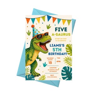 Five A-Saurus Birthday Invitation, Dinosaur Birthday Invitation, T-rex Birthday Invite, Dinosaur 5th Birthday Party Invite, Editable Canva