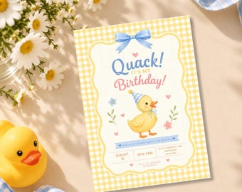 May include: A rectangular birthday invitation card featuring a yellow and white gingham border, a blue bow at the top, and a central illustration of a yellow duckling wearing a blue gingham party hat, with the text Quack! IT'S MY Birthday!