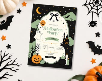 Puede incluir: Una tarjeta de invitación rectangular para una fiesta de Halloween con fondo negro, luna creciente, estrellas, murciélagos y un marco color crema. El texto dice Join us for a Halloween Party, A Spooky Celebration, Oct 24, 6:00PM, 24 Willow Lane, Hawthorne, Auckland, RSVP to Andrea y Wear Your Costume.