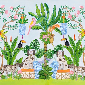 Art Print Staffordshire Dogs in the Jungle with Monkey and Tropical Birds