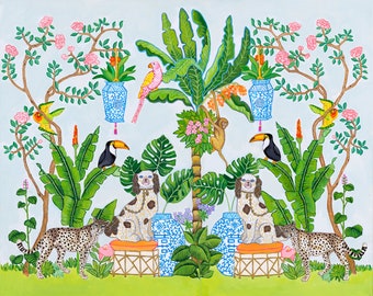 Art Print Staffordshire Dogs in the Jungle with Monkey and Tropical Birds