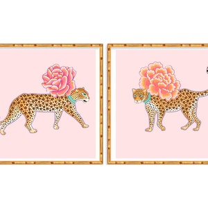 Two Art Prints Chinoiserie Cheetah and Leopard with Asian Peony and Rose