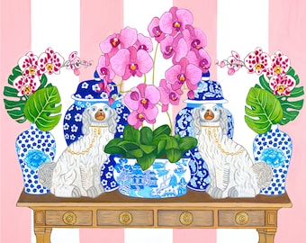 Art Print Chinoiserie Staffordshire Dogs on Console Table with Orchids, Monstera leaves and Ginger Jars