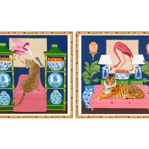 Two Art Prints Preppy Tiger and Leopard in Chinoiserie Interior with Flamingo and Spoonbill