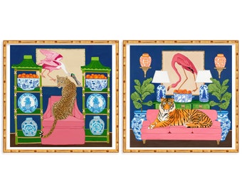 Two Art Prints Preppy Tiger and Leopard in Chinoiserie Interior with Flamingo and Spoonbill