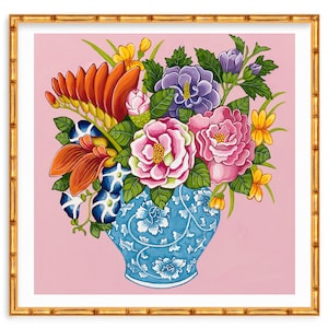 Chinoiserie Flowers Peonies Roses in Blue and White Ginger Jar on Pink
