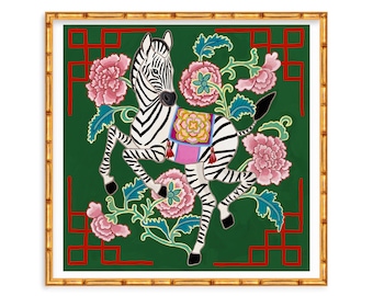 Art Print Chinoiserie Zebra with Asian Peonies