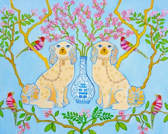 Art Print Staffordshire Dogs on Blue