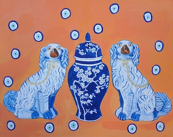 Art Print Staffordshire dogs with Ginger jar on Coral