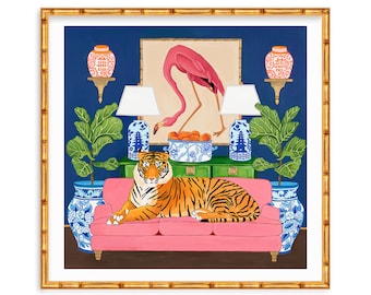 Art Print Chinoiserie Tiger in the living room with Ginger Jars and Flamingo