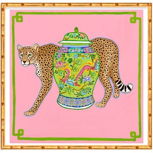 Art Print Preppy Chinoiserie Cheetah with Dragon Ginger Jar