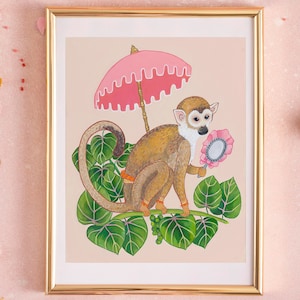 Art Print Chinoiserie Monkey with Pagoda Umbrella in Palm Beach