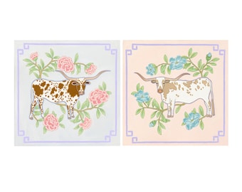 Two Art Prints Chinoiserie Texas Longhorn with Asian Peony // Grandmillennial // Preppy