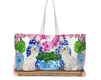 Chinoiserie Staffordshire Dog White and Blue Weekender Beach Bag