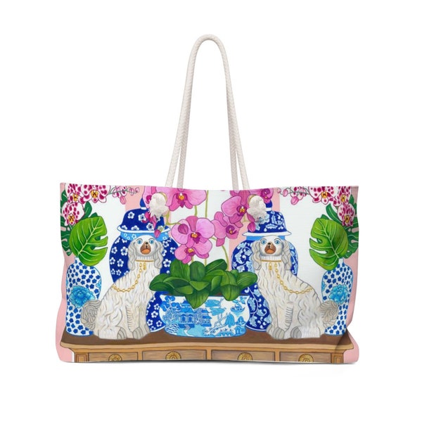 Chinoiserie Staffordshire Dog White and Blue Weekender Beach Bag