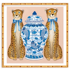 Art Print Preppy Chinoiserie Cheetahs with Blue and White Ginger Jar