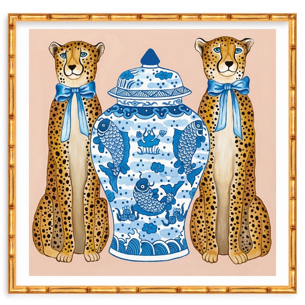 Art Print Preppy Chinoiserie Cheetahs with Blue and White Ginger Jar